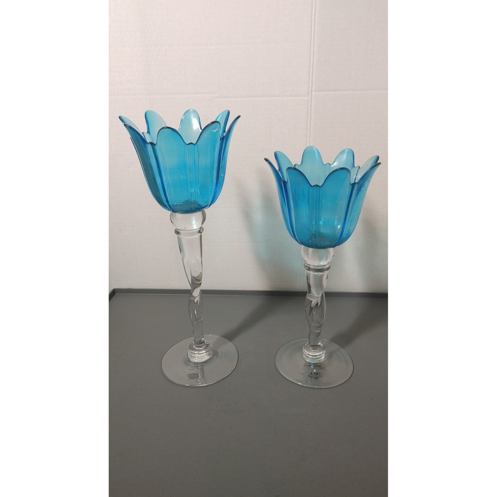Home Essentials Tulip Candle Holders Set 2 Blue Clear Twisted Stem